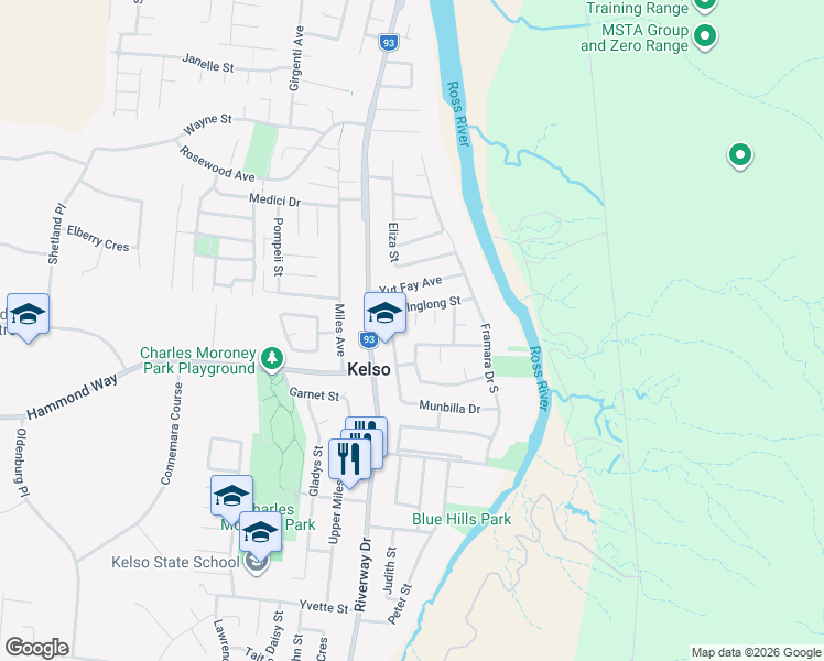 map of restaurants, bars, coffee shops, grocery stores, and more near 4 Jayne Court in Kelso