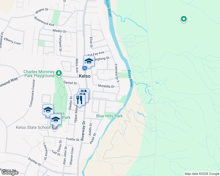 map of restaurants, bars, coffee shops, grocery stores, and more near 13 Munbilla Drive in Kelso