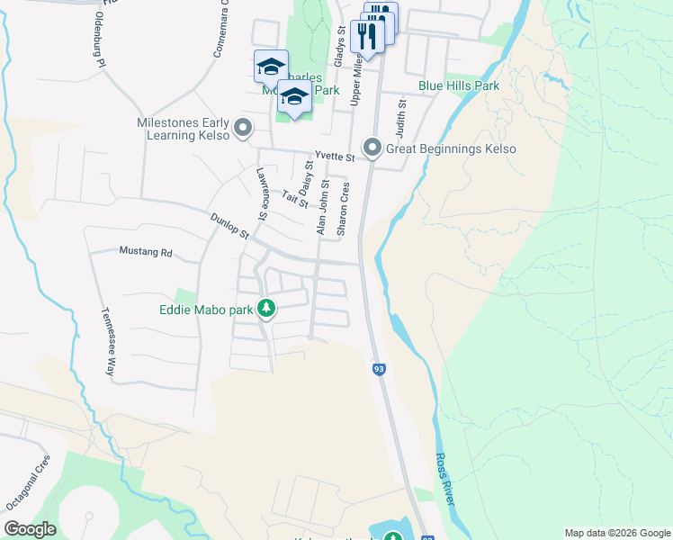 map of restaurants, bars, coffee shops, grocery stores, and more near 14 Dunlop Street in Kelso