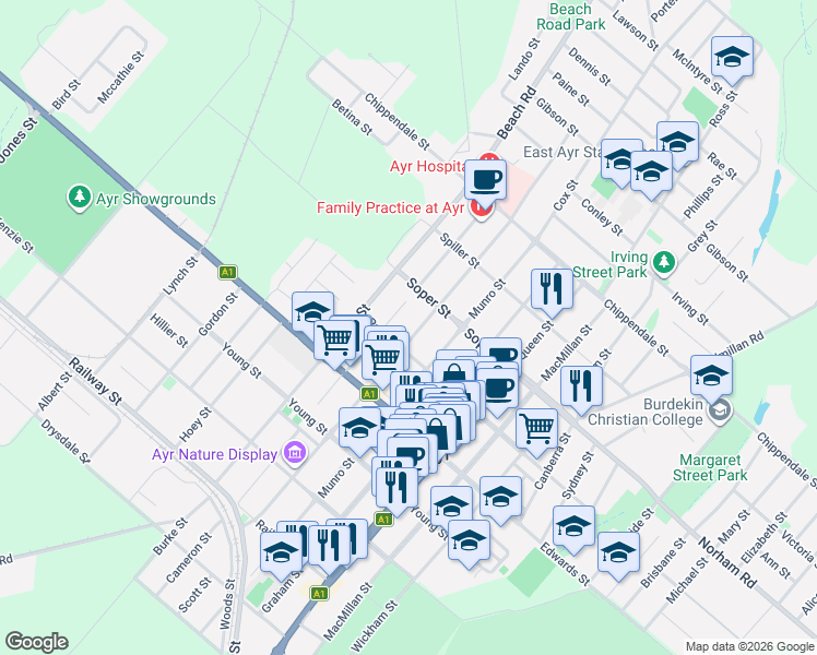 map of restaurants, bars, coffee shops, grocery stores, and more near 53 Wilmington Street in Ayr