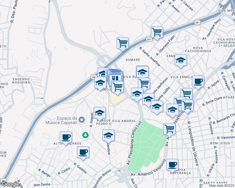 map of restaurants, bars, coffee shops, grocery stores, and more near 3001 Avenida Presidente Carlos Luz in Belo Horizonte