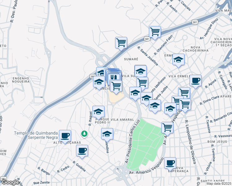 map of restaurants, bars, coffee shops, grocery stores, and more near 3001 Avenida Presidente Carlos Luz in Belo Horizonte