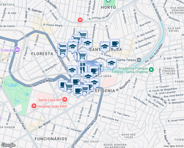 map of restaurants, bars, coffee shops, grocery stores, and more near 3000 Avenida dos Andradas in Belo Horizonte