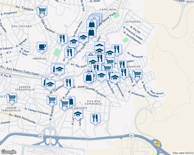 map of restaurants, bars, coffee shops, grocery stores, and more near in Betim