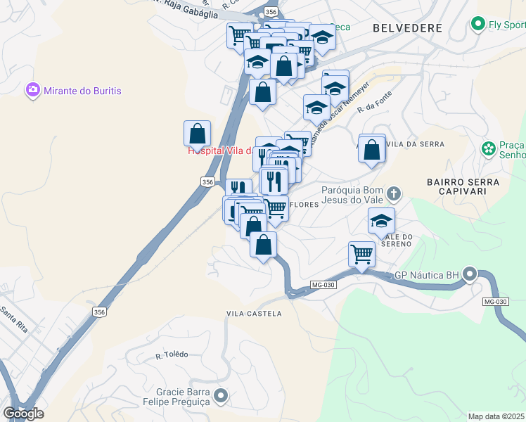 map of restaurants, bars, coffee shops, grocery stores, and more near 132 Alameda Oscar Niemeyer in Nova Lima