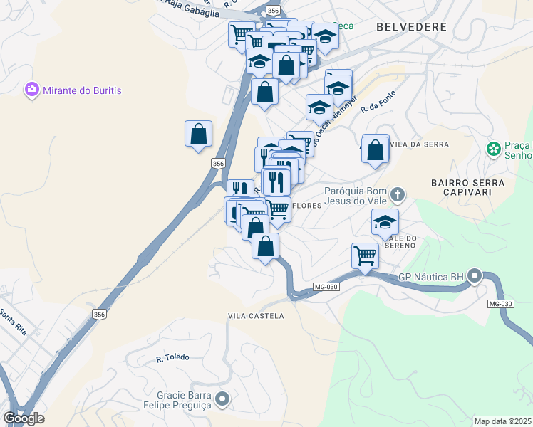 map of restaurants, bars, coffee shops, grocery stores, and more near 132 Alameda Oscar Niemeyer in Nova Lima