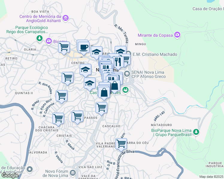 map of restaurants, bars, coffee shops, grocery stores, and more near São Sebastião das Águas Claras in Nova Lima