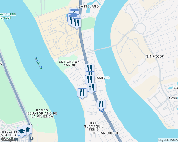 map of restaurants, bars, coffee shops, grocery stores, and more near Avenida Sur in Samborondón