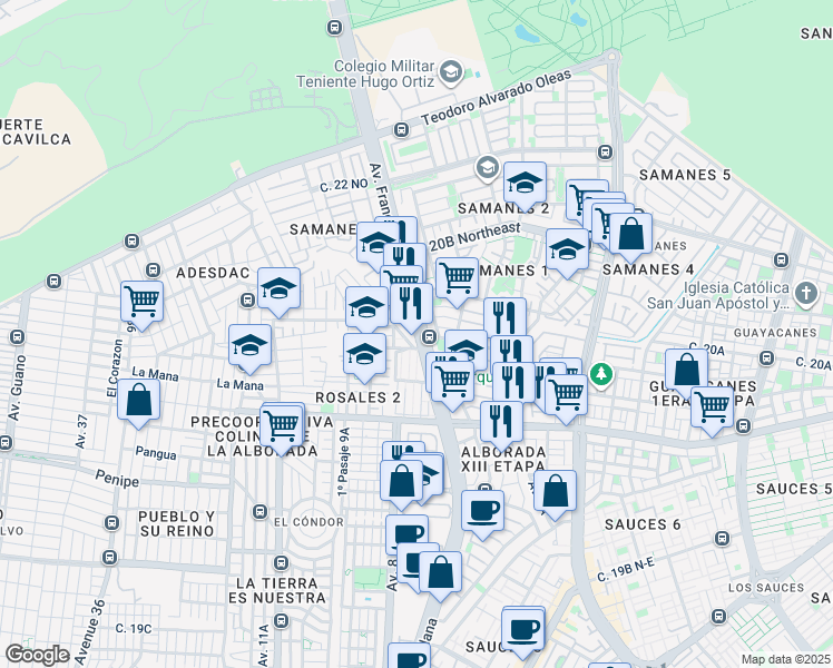 map of restaurants, bars, coffee shops, grocery stores, and more near Avenida Francisco de Orellana in Guayaquil