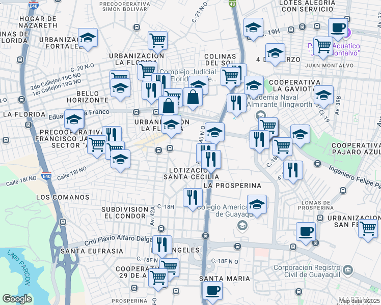 map of restaurants, bars, coffee shops, grocery stores, and more near Avenida 41 NO in Guayaquil