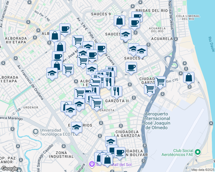 map of restaurants, bars, coffee shops, grocery stores, and more near Avenida Agustín Freire Icaza in Guayaquil