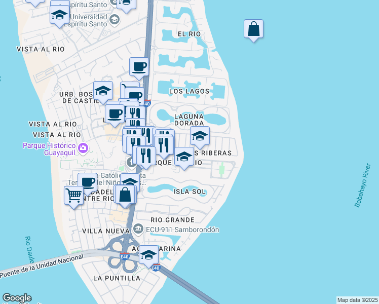 map of restaurants, bars, coffee shops, grocery stores, and more near Avenida Sur in Samborondón