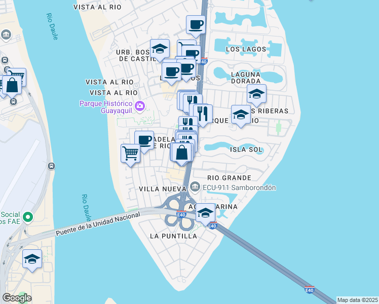 map of restaurants, bars, coffee shops, grocery stores, and more near Avenida Principal de Entre Rios in Samborondón