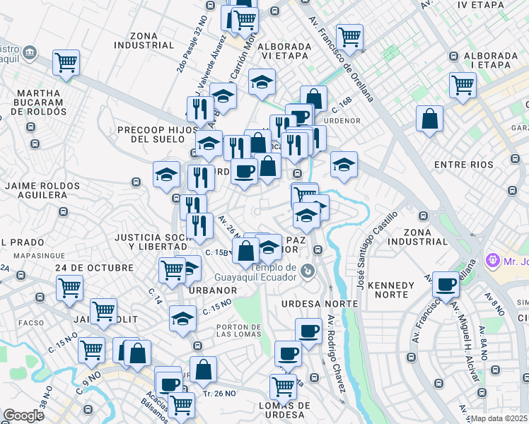 map of restaurants, bars, coffee shops, grocery stores, and more near in Guayaquil