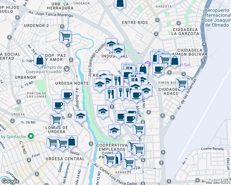 map of restaurants, bars, coffee shops, grocery stores, and more near Avenida Francisco de Orellana in Guayaquil