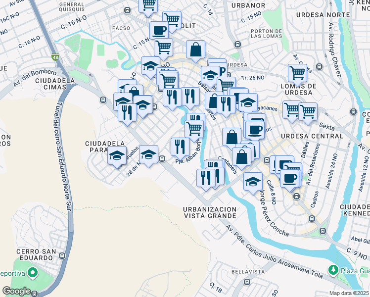 map of restaurants, bars, coffee shops, grocery stores, and more near Avenida 41 NO in Guayaquil