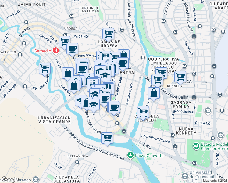 map of restaurants, bars, coffee shops, grocery stores, and more near in Guayaquil