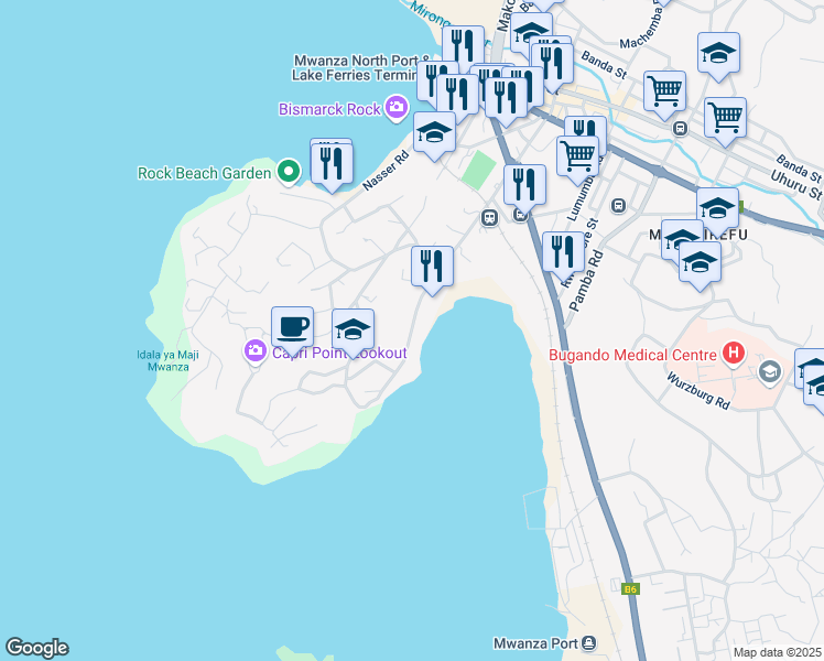 map of restaurants, bars, coffee shops, grocery stores, and more near Capri Point Road in Mwanza