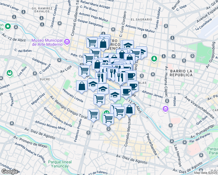 map of restaurants, bars, coffee shops, grocery stores, and more near Avenida 12 de Abril in Cuenca