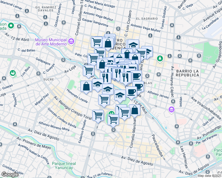 map of restaurants, bars, coffee shops, grocery stores, and more near Avenida 12 de Abril in Cuenca