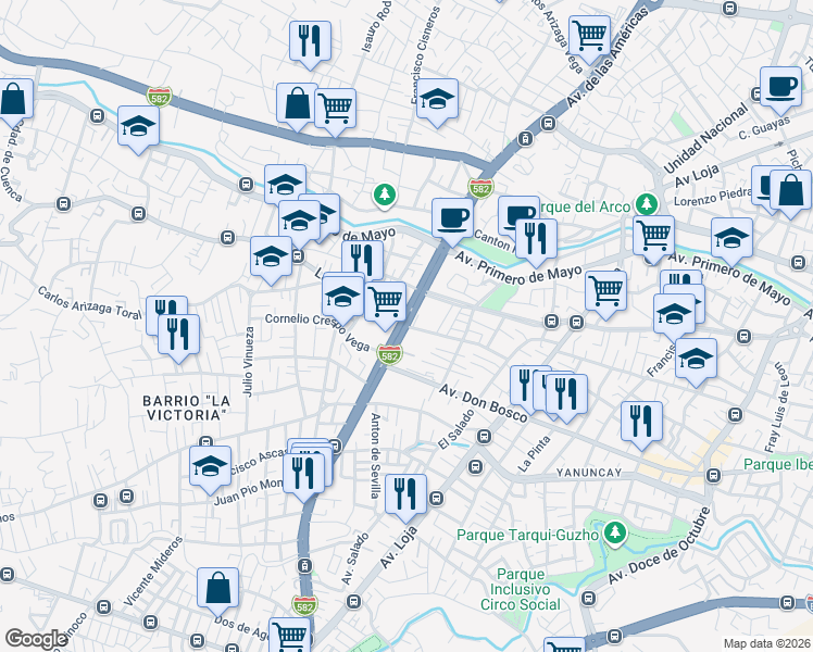 map of restaurants, bars, coffee shops, grocery stores, and more near Avenida de las Americas in Cuenca