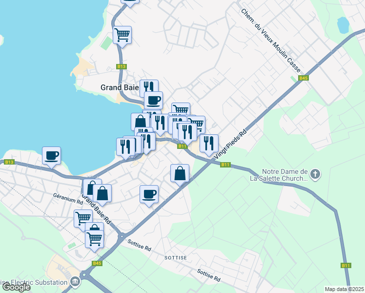 map of restaurants, bars, coffee shops, grocery stores, and more near La Salette Road in Grand Baie