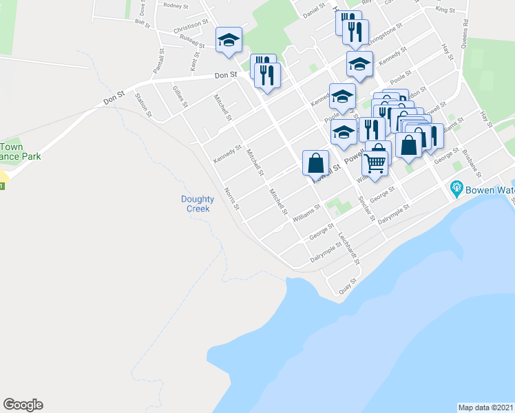 map of restaurants, bars, coffee shops, grocery stores, and more near 118 Powell Street in Bowen