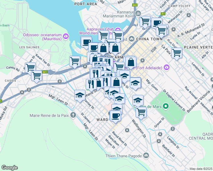 map of restaurants, bars, coffee shops, grocery stores, and more near Mere Barthelemy Street in Port Louis