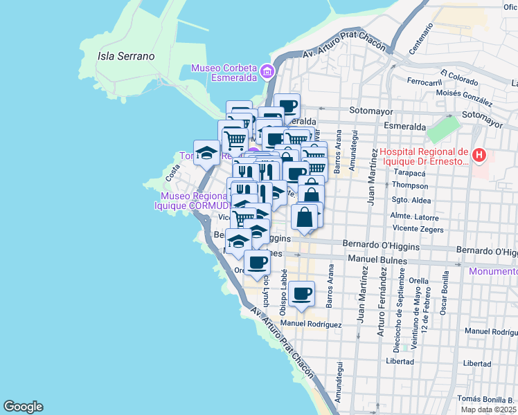map of restaurants, bars, coffee shops, grocery stores, and more near 946 Baquedano in Iquique