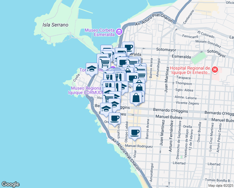map of restaurants, bars, coffee shops, grocery stores, and more near 946 Baquedano in Iquique