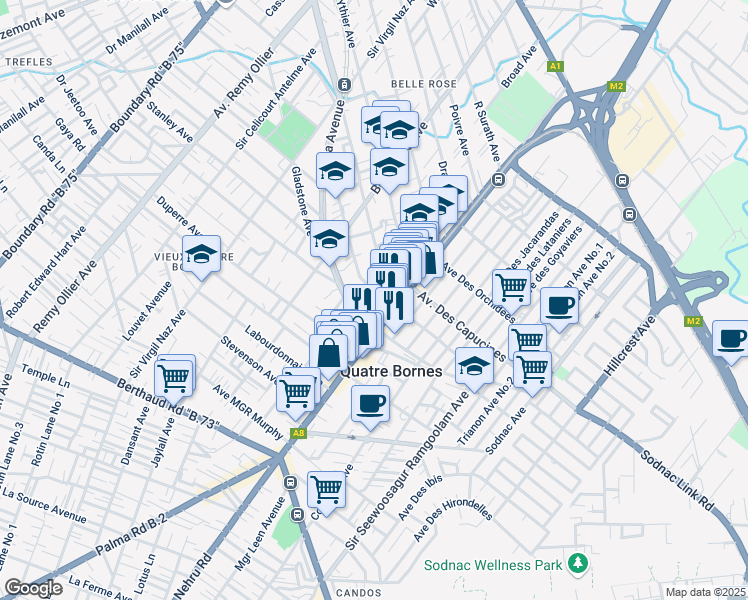 map of restaurants, bars, coffee shops, grocery stores, and more near Osman Avenue in Quatre Bornes