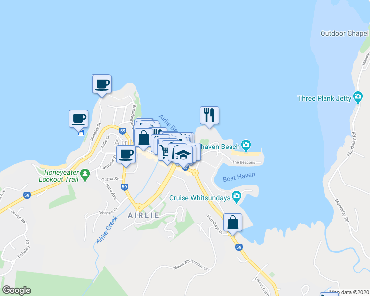 map of restaurants, bars, coffee shops, grocery stores, and more near 1 Airlie Esplanade in Airlie Beach