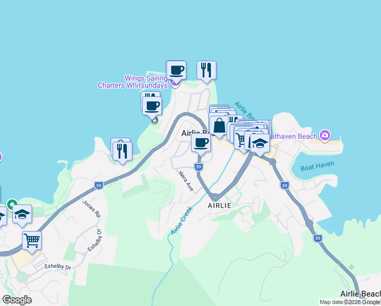 map of restaurants, bars, coffee shops, grocery stores, and more near 7 Lamond Street in Airlie Beach