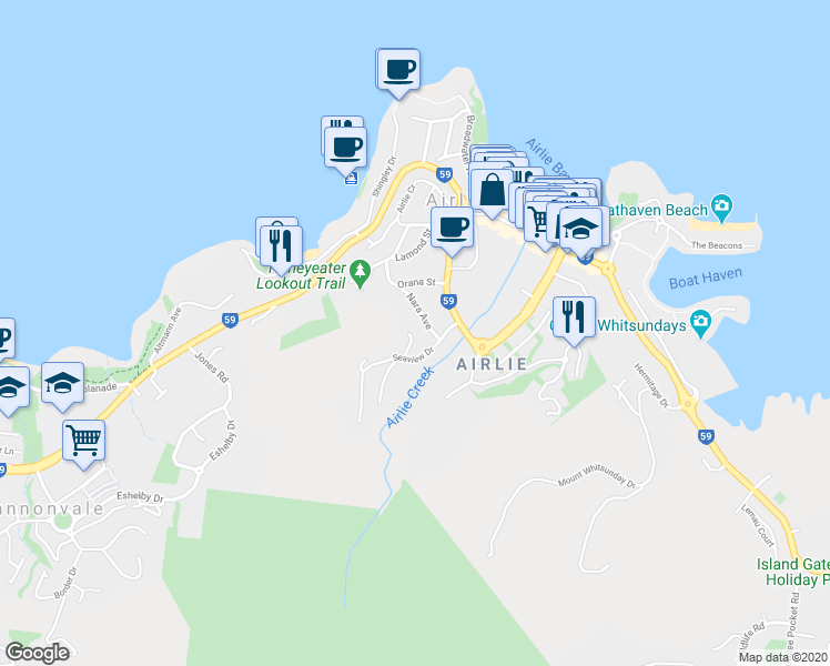 map of restaurants, bars, coffee shops, grocery stores, and more near 12 Laguna Court in Airlie Beach