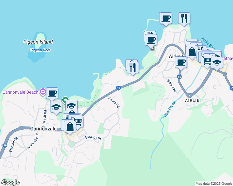 map of restaurants, bars, coffee shops, grocery stores, and more near 7 William Close in Cannonvale