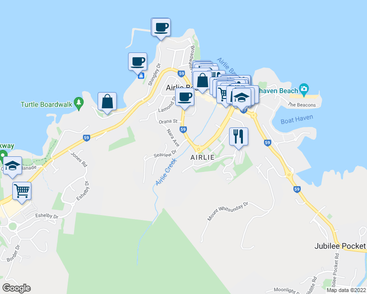 map of restaurants, bars, coffee shops, grocery stores, and more near 3-5 Seaview Drive in Airlie Beach