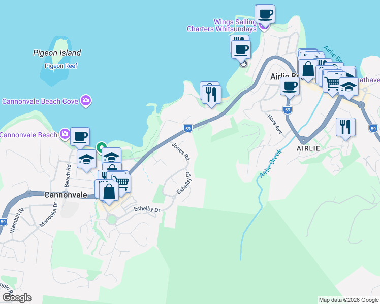 map of restaurants, bars, coffee shops, grocery stores, and more near 11 Jones Road in Cannonvale