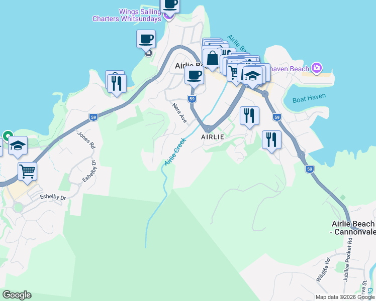 map of restaurants, bars, coffee shops, grocery stores, and more near 26-34 Raintree Place in Airlie Beach