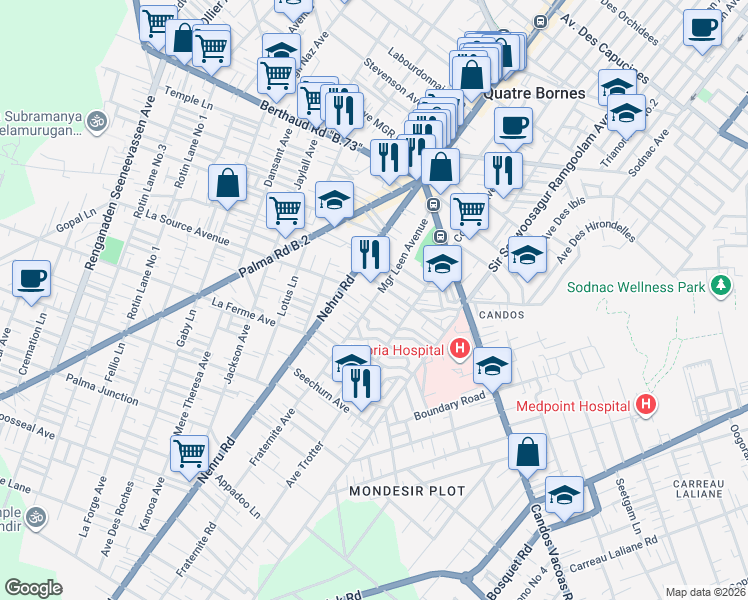 map of restaurants, bars, coffee shops, grocery stores, and more near Monseigneur Leen Avenue in Quatre Bornes