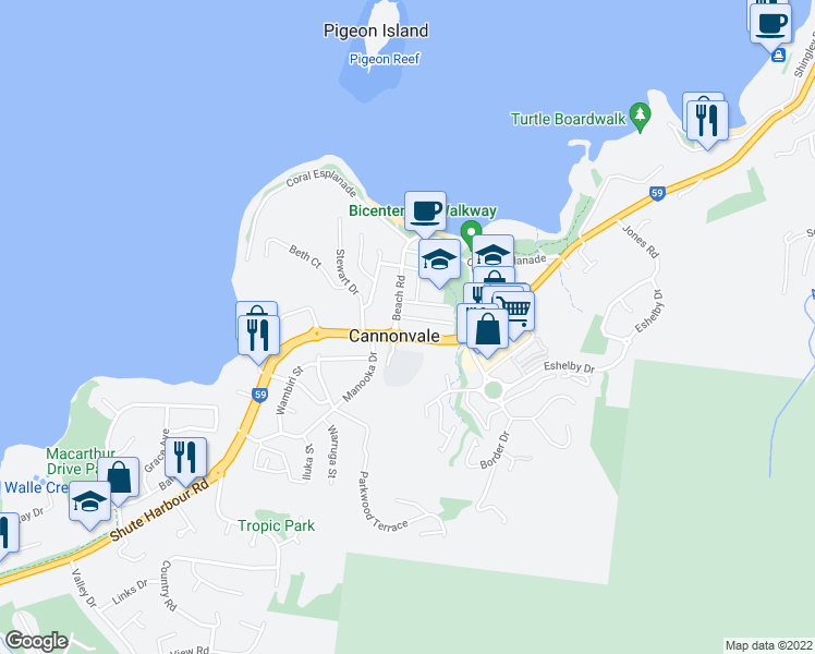 map of restaurants, bars, coffee shops, grocery stores, and more near 169 Shute Harbour Road in Cannonvale