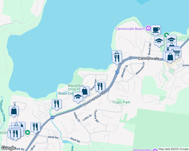 map of restaurants, bars, coffee shops, grocery stores, and more near 48 MacArthur Drive in Cannonvale