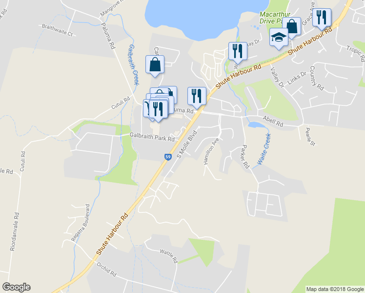 map of restaurants, bars, coffee shops, grocery stores, and more near 40 South Molle Boulevard in Cannonvale
