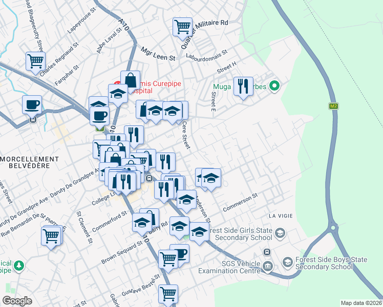 map of restaurants, bars, coffee shops, grocery stores, and more near Leclezio Street in Curepipe