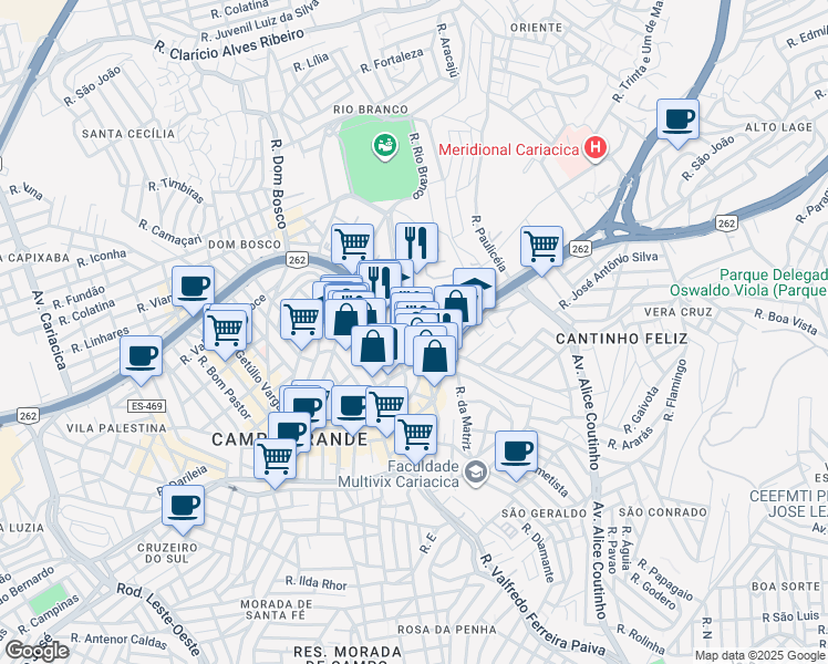 map of restaurants, bars, coffee shops, grocery stores, and more near 13 Rua Augusto Bergami in Cariacica