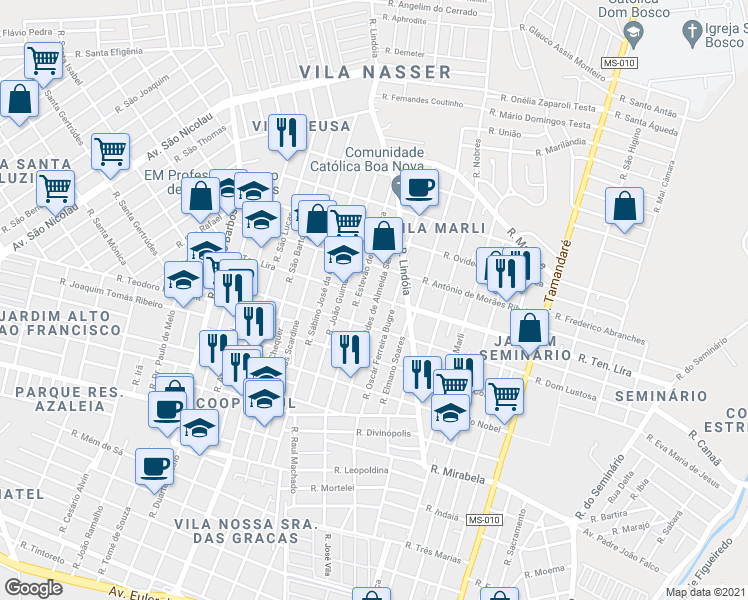map of restaurants, bars, coffee shops, grocery stores, and more near 671 Rua Tenente Líra in Campo Grande