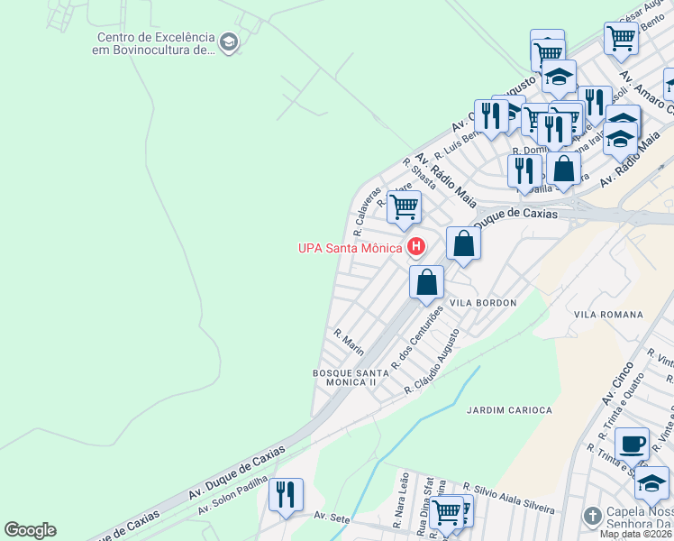 map of restaurants, bars, coffee shops, grocery stores, and more near 1 Rua Fresno in Campo Grande