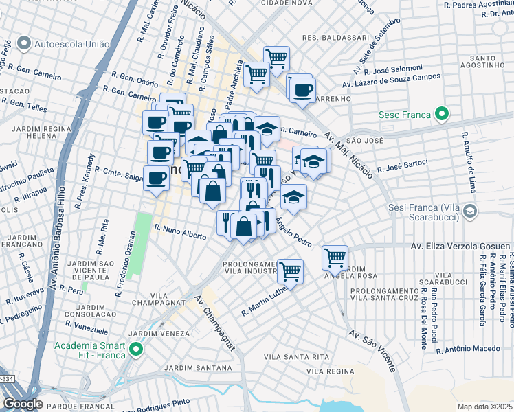 map of restaurants, bars, coffee shops, grocery stores, and more near 1830 Avenida Alonso Y Alonso in Franca