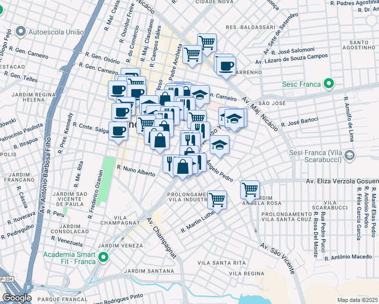 map of restaurants, bars, coffee shops, grocery stores, and more near 1830 Avenida Alonso Y Alonso in Franca