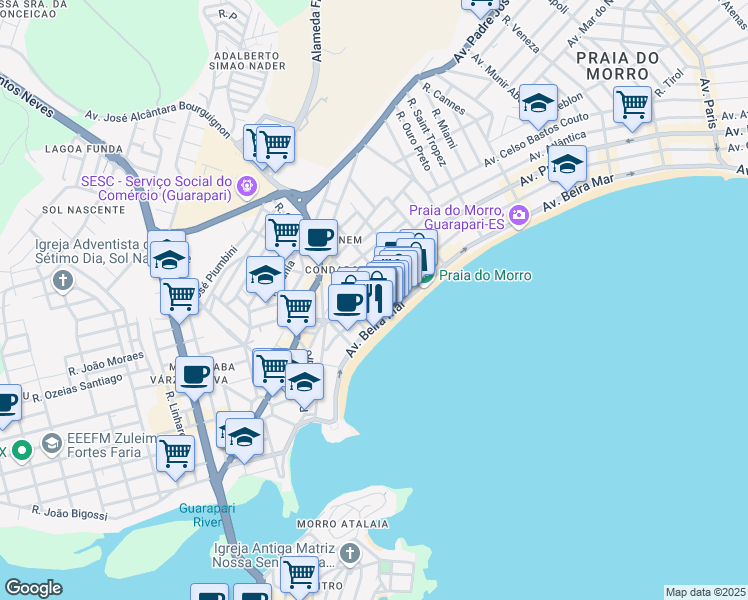 map of restaurants, bars, coffee shops, grocery stores, and more near 1876 Avenida Oceânica in Guarapari