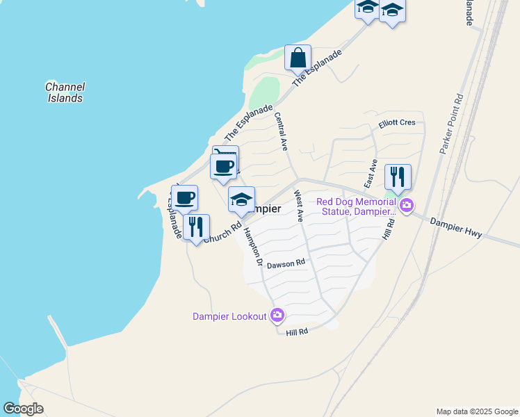 map of restaurants, bars, coffee shops, grocery stores, and more near in Dampier